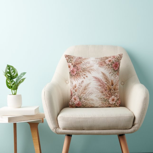 Stoffige Roos & Blush Boho Bloemmotief Kussen (Stoel)