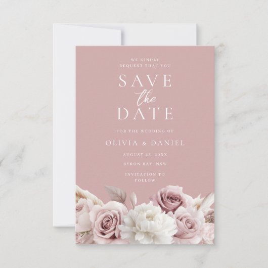 Stoffige Roos & Blush Rozen Elegante Trouwdag Save The Date (Voorkant)