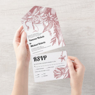 stoffige roos roze kunstbloemen bruiloft all in one uitnodiging