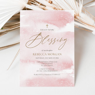 Stoffige Roze Aquarel Baby Zegenwens Uitnodiging