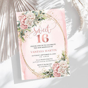 Stoffige Roze Bloemen Eucalyptus Sweet 16 Uitnodig Kaart
