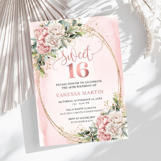 Stoffige Roze Bloemen Eucalyptus Sweet 16 Uitnodig Kaart