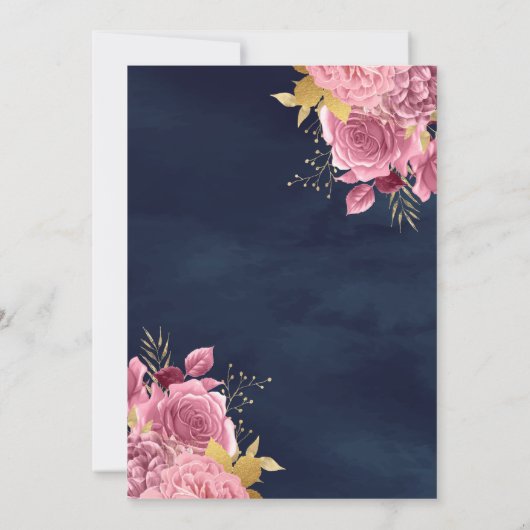 Stoffige roze bloemetjesjurk Navyblauw Gouden Quin Kaart (Achterkant)