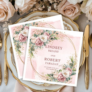 Stoffige Roze Bloemige Eucalyptus Glitter Goud Bru Servet
