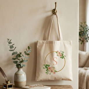 Stoffige Roze Bloemige Lente Groene Initialen Naam Tote Bag