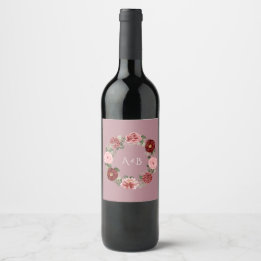 Stoffige Roze Bloemige Monogram Trouw Wijnfles Wijn Etiket
