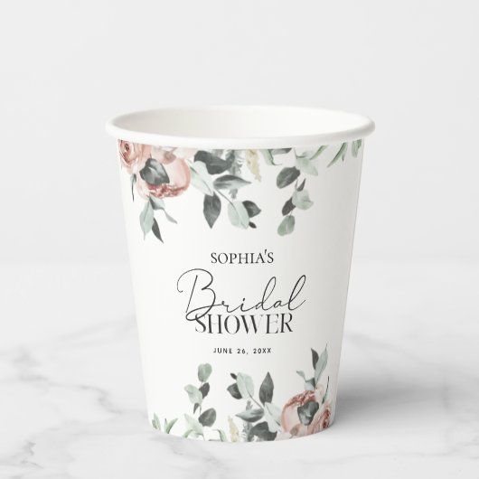 Stoffige Roze Blush Bloemige Eucalyptus Bruidsdouc Papieren Bekers (Achterkant)