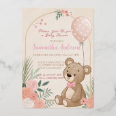 Stoffige Roze Boho Teddybeer Ballon Baby Folie Uitnodiging (Voorkant)