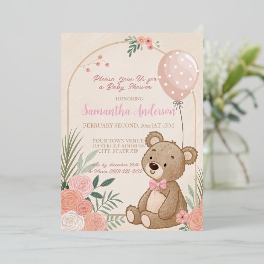 Stoffige Roze Boho Teddybeer Ballon Baby Folie Uitnodiging (Staand Voorkant)