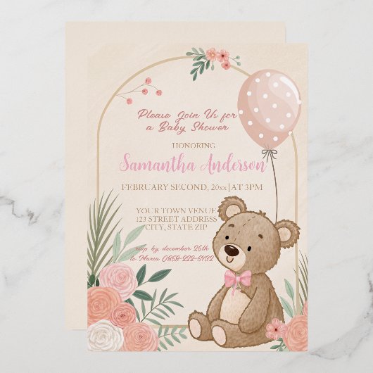 Stoffige Roze Boho Teddybeer Ballon Baby Folie Uitnodiging (Voorkant / Achterkant)