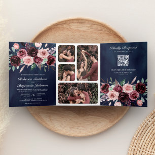 Stoffige Roze Bourgondië Bloemen QR Code Marine Hu Drieluik Uitnodiging