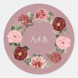 Stoffige Roze Bourgondië Bloemenkrans Trouw Monogr Ronde Sticker
