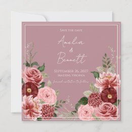 Stoffige Roze Bourgondië Bloemetuin Vierkant Save The Date