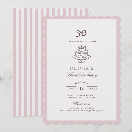 Stoffige Roze Bow, Gestreept Roze | bruine verjaar Kaart (Voorkant / Achterkant)