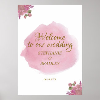 Stoffige roze elegante bloemige trouw welkom bord poster