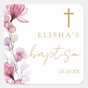 Stoffige Roze Elegante Moderne Bloem Doop Vierkante Sticker