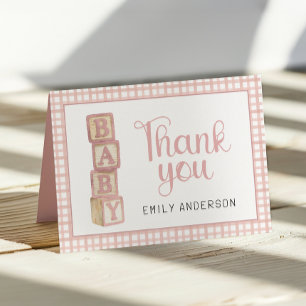 Stoffige Roze Gingham Baby Bedanktkaart Blokken Bedankkaart