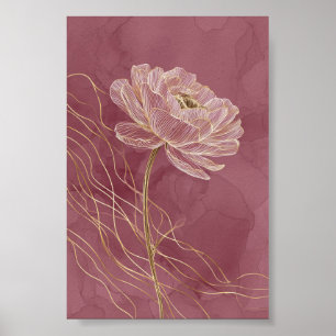 Stoffige Roze Gouden Bloem Lijn Kunst Minimalistis Poster