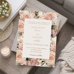 Stoffige roze mauve ivoor bloemen luxe trouwroos folie uitnodiging