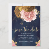 Stoffige Roze Roos Aardse Bloemen Navy Wedding Save The Date (Voorkant)