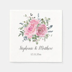 Stoffige roze rozen eucalyptus botanische bruiloft servet