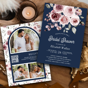 Stoffige Roze Rozen Foto QR Code Marine Blauw Brui Kaart
