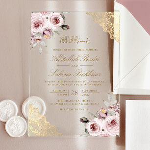 Stoffige Roze Rozen Gouden Kant Moslim Bruiloft Acryl Uitnodigingen