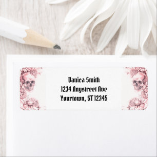 Stoffige Roze Schedel en Rozen Gotische Halloween Etiket