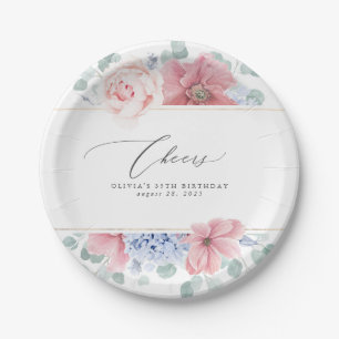 Stoffige Roze Stof Blauw Bloemig Elegant Botanisch Papieren Bordje