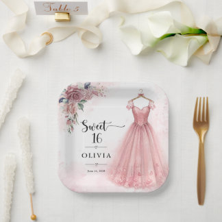 Stoffige Roze Sweet 16 Bloemenjurk Papieren Bord
