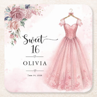 Stoffige Roze Sweet 16 Bloemenjurk Papieren Onderz Vierkante Kartonnen Onderzetter