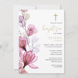 Stoffige Roze Transparante Bloemen Monogram Doopfe Kaart