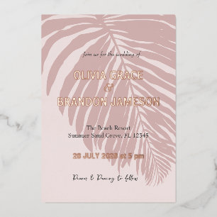 Stoffige Roze Tropische Palmblad Bruiloft Folie Uitnodiging
