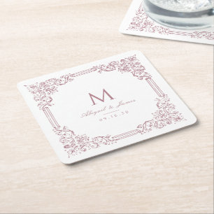 Stoffige Roze Vintage Frame Elegant Trouw Monogram Vierkante Kartonnen Onderzetter