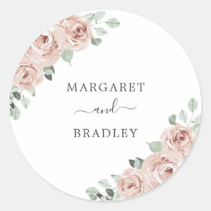Stoffige Roze Waterverf Bloemige Elegante Trouwdag Ronde Sticker