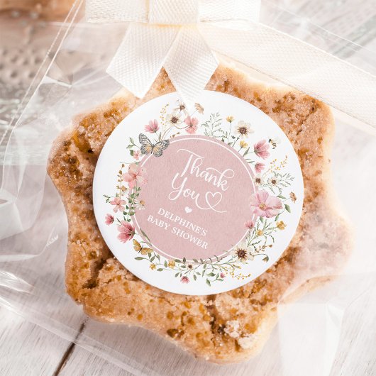 Stoffige Roze Wilde Bloem Vlinder Meisje Baby Show Ronde Sticker