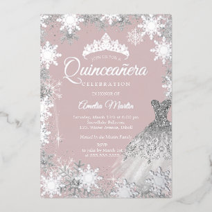 Stoffige Roze Zilveren Winter Sneeuwvlok Quinceane Folie Uitnodiging
