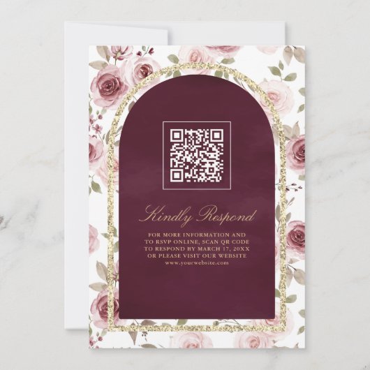 Stoffige Rozen Gouden Kant QR Code Plum Moslim Bru Kaart (Achterkant)
