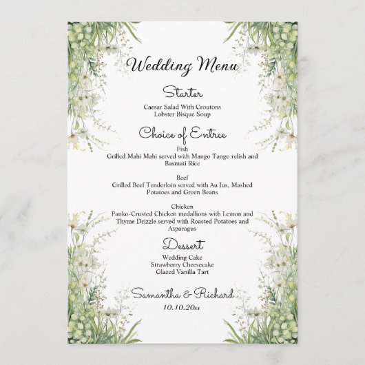 Stoffige Saliegroene Bloemen 5x7'' Trouwmenu Menu (Voorkant)