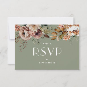 Stoffige Saliegroene Bloemige Bruiloft   Botanisch RSVP Kaartje