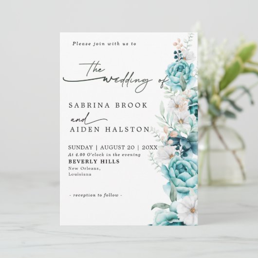 Stoffige smaragd groen wit bloemenbruiloft kaart (Staand voorkant)