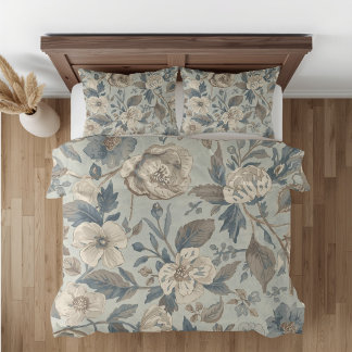 Stoffige Teal Blauwe Bruine Beige Boerderij Bloeme Kussensloop
