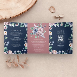 Stofrinke Roze Bloemen Marineblauw QR Code Trouwen Drieluik Uitnodiging