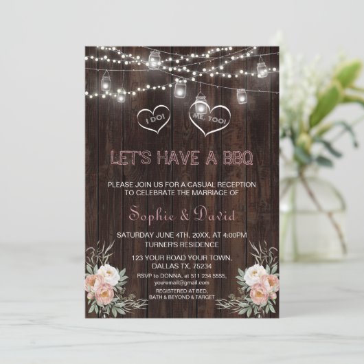 Stofroze bloemenslingerlichten hout I DO BBQ Kaart (Staand voorkant)