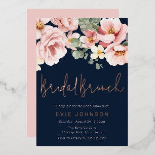 Stofróze Navy Bruidsborrel Brunch Rose Goud Folie Uitnodiging