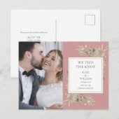Stofroze Roze Groene Foto Huwelijk Aankondigingskaart (Voorkant / Achterkant)