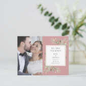 Stofroze Roze Groene Foto Huwelijk Aankondigingskaart (Staand voorkant)