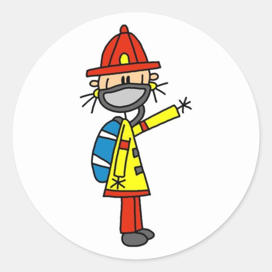 Stok figuur brandweerman met masker ronde sticker (Voorkant)
