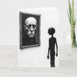 Stokfiguur die naar een portret van een kale man s kaart