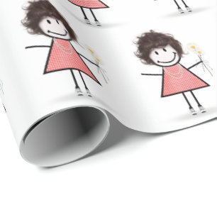 Stokfiguur meisje in sneakers op wit cadeaupapier